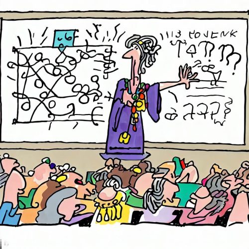 A New Yorker cartoon of a wise woman teacher talking to an excited class of students while drawing complicated and colorful concepts on a whiteboard
