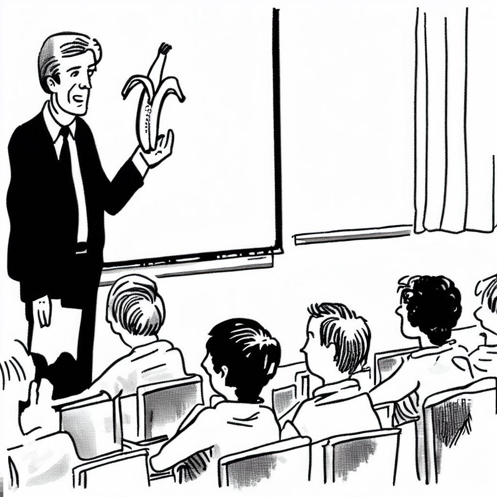 A teacher shows a class a banana. Black and white cartoon drawing.