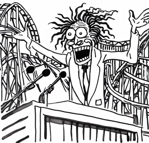 a wild eyed man, speaking next to a roller coaster. Black and white cartoon drawing.