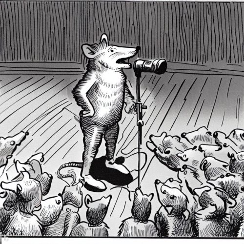 a mouse uses a microphone to speak confidently to a roomful of beasts. Black and White Cartoon.