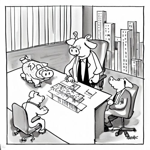 An architect pig presenting building plans to 3 little pigs, black and white cartoon