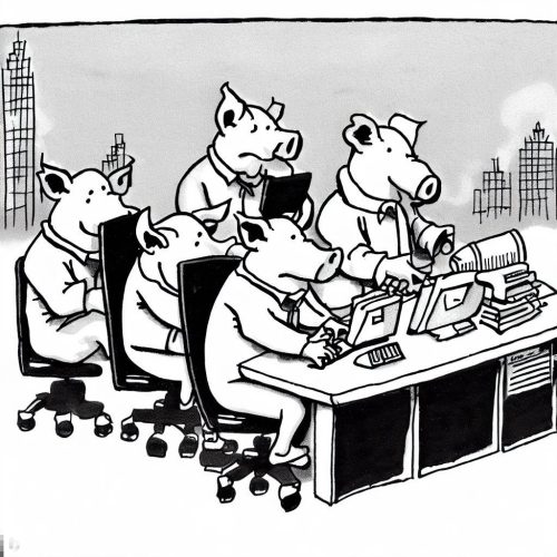 a black and white cartoon of 5 little pigs in business attire sitting at desks, working on computers
