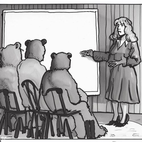 a black and white cartoon of Goldilocks presenting to 3 bears on a slide projector