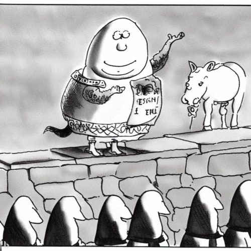 A black and white cartoon of humpty dumpty on a wall, talking to knights. There is horse on the wall with him
