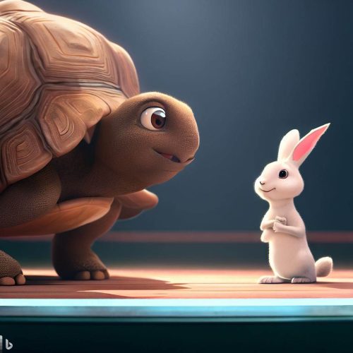 a big turtle talks to a small white bunny