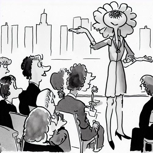 a black and white cartoon of a woman with a flower for a head addressing a diverse group of business people in an urban setting. Flowers are on the tables.